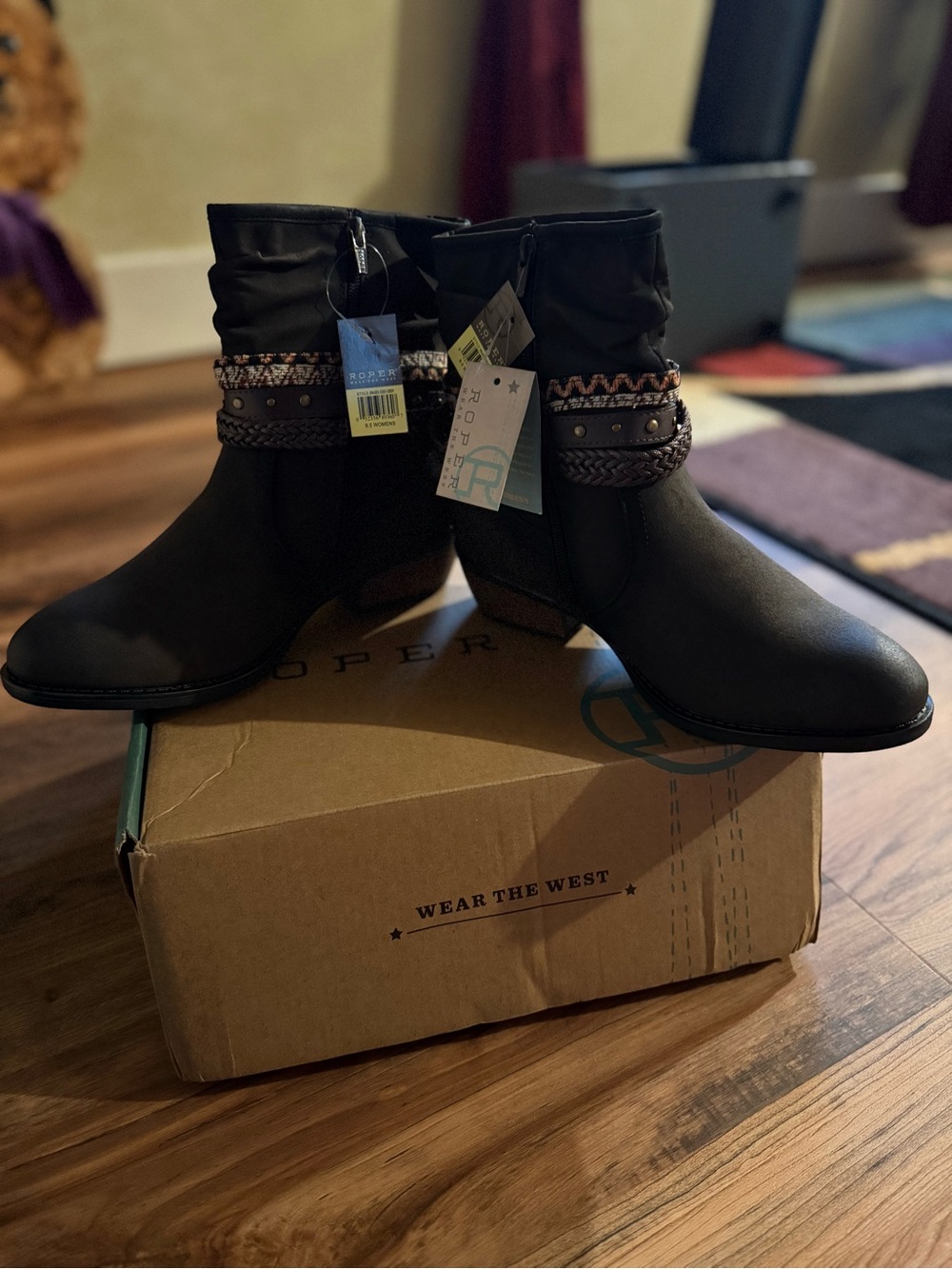 Roper Women's Black Ankle Boots with Braided & Studded Strap Detail